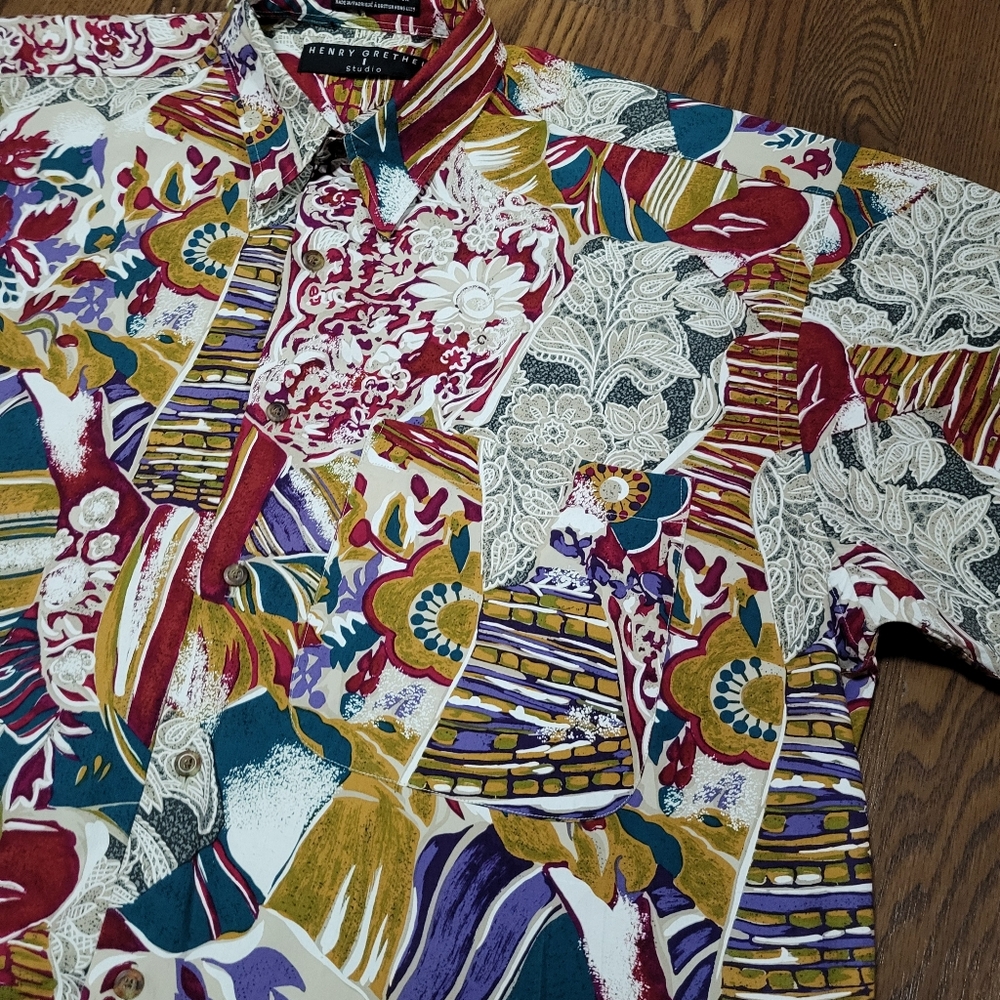 Vintage 80s HENRY GRETHEL Floral ABSTRACT Paisley Print Button-up Collared Shirt - Picture 10 of 15